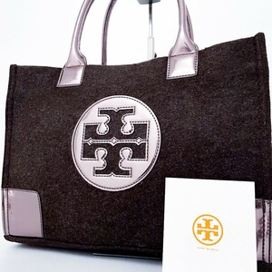 1円〜■極美品■Tory Burch トリーバーチ エラ キャンバストロゴドン トートバッグ ビジネス 大容量 A4 レディース メンズ レザー グレー系