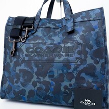 1円■極美品■現行品■定価15万■COACH コーチ ウィズ 2way カモフラ トートバッグ ビジネス 大容量 レディース メンズ レザー ネイビー紺_画像1