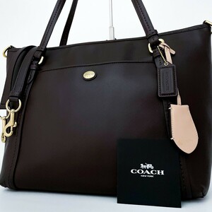 1円〜■未使用級■COACH コーチ 2way ロゴ チャーム トートバッグ ビジネス 大容量 A4 レディース メンズ レザー ダークブラウン 茶色