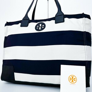 1円■超美品■Tory Burch トリーバーチ 折りたたみ キャンバス トートバッグ ビジネス 大容量 A4 レディース メンズ レザー ネイビー 紺色