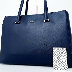 1 jpy ~# super-beauty goods #FURLA Furla Logo tote bag business briefcase high capacity A4 lady's men's leather navy navy blue color 