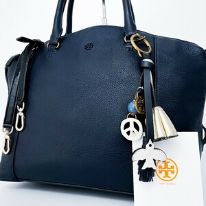 1円■超美品■Tory Burch トリーバーチ 2way チャーム フリンジ ロゴ トートバッグ ビジネス 大容量 レディース メンズ レザー ネイビー 紺