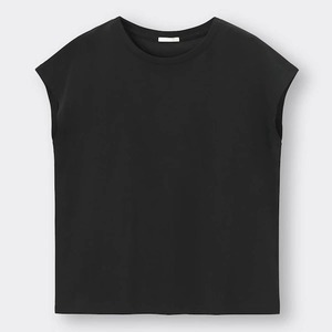 新品タグ付き GU ジーユー マーセライズドT(半袖) キャップスリーブTシャツ 滑らかできれいな質感 綿100% 単品使いもインナーも ブラックXS