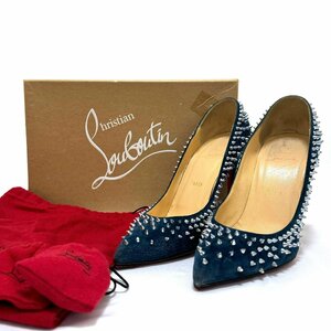 1円 クリスチャン ルブタン パンプス ヒール ピンヒール ポインテッドトゥ スタッズ ネイビー レッド 38 1/2 25.5cm Christian Louboutin