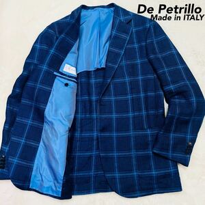 【大きいサイズ】 イタリアの名門 デペトリロ DePetrillo テーラードジャケット 52 チェック リネン 青 XL相当 背抜き イタリア製 美品