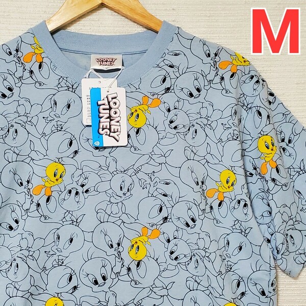 Looney Tunes ルーニー・テューンズ トゥイーティー 半袖 Tシャツ 新品 メンズ 紳士 Mサイズ くすみブルー 総柄 プリント Tweety 綿100%