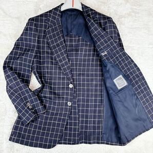 1円 美品 XL.LL~L クリスチャンディオールChristian Dior テーラードジャケットブレザーロゴ総柄リネン100%チェック2B背抜きメンズネイビーの画像1