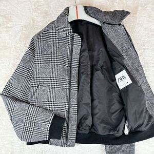 1円 L~M ザラ ZARA ブルゾン キルティングMA-1 フライトジャケットボンバージャケット総柄千鳥格子ヘリンボーンフード着脱可メンズ