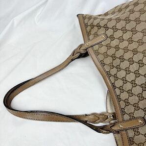 1円 良品 グッチ GUCCI GGキャンバス トートバッグ ポーチ付き レザー ロゴ型押し 肩掛け 編み込み ライトブラウンA4収納可能の画像4