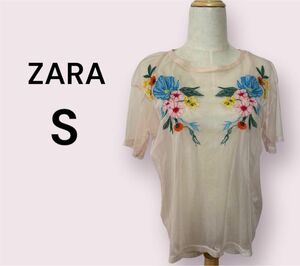 ZARA シアーシャツ　花柄刺繍　ピンク　半袖