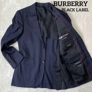 １円 美品 BURBERRY BLACK LABEL バーバリーブラックレーベル テーラードジャケット 羊毛100% Super120's ネイビーストライプ36R