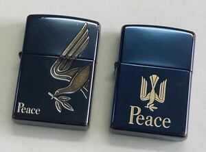 B ジッポー ピース ZIPPO Peace ライター 2個セット ブルーチタン １点火花OK アンティーク ビンテージ コレクション 喫煙具 