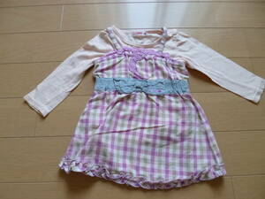 ☆美品中古　Bebe　NOU　ノウ☆　チェック柄キャミワンピース＆長袖Tシャツセット　ピンクリボンフリル　80㎝