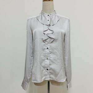 S2974 Maker's Shirt レディース フリル 長袖 ブラウス シャツ ハイネック 11号 グレー 薄手 万能 上品 きれいめコーデ オフィス 古着