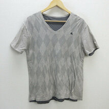 G■バーバリー/Burberry LONDON 半袖VネックTシャツ/アーガイル柄 リバーサル【3】ベージュ灰系/men's/106【中古】■_画像1