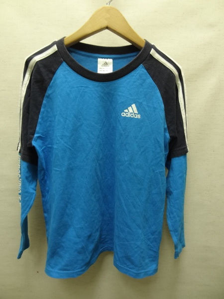 全国送料無料 アディダス adidas 子供服 キッズ 男＆女の子 青X紺色 綿100% スポーツ 重ね着風レイヤード 長袖 ロンTシャツ 140