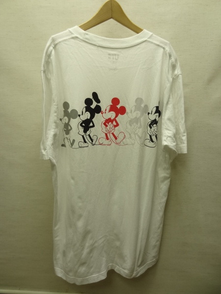 全国送料無料 ユニクロ UNIQLO UT ディズニーメンズ 綿100%素材 前胸ロゴ刺繍 後ミッキーマウス後姿プリント 半袖 白色 Tシャツ XLサイズ