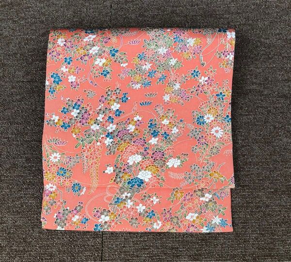 名古屋帯 正絹 九寸 六通 型染め 草花 萩 菊 紅葉 笹 ピンク 赤 緑 青 白 梅 アンティーク リメイク レトロ 小紋 単衣