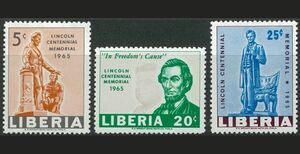 外国切手　リベリア　未使用　使用済み　1965年　リンカーン逝去100年　未済各3種　無目打3種　小型シート1種