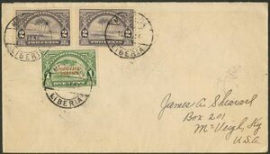 外国切手　封筒　カバー　エンタイヤ　リベリア　2ｃ2枚　公用1ｃ貼　米国宛　MONROVIA 16 Ⅵ 34　着印