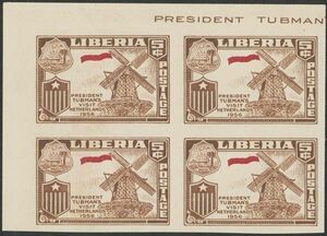 外国切手　リベリア　未使用　1958年　タブマン大統領訪欧　オランダ　無目打、青印刷モレエラー　コーナー田型ブロック