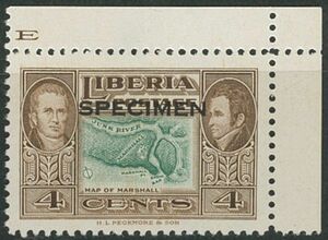 外国切手　リベリア　みほん　1952年　4ｃ　スコットNo.335　1種　SPECIMEN加刷　単片