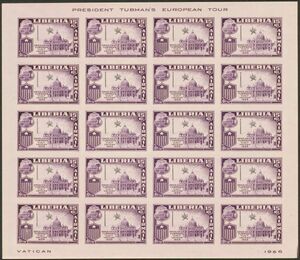外国切手　リベリア　未使用　1958年　タブマン大統領訪欧　バチカン　無目打　黄色印刷モレエラー　20面シート