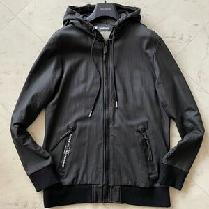 美品/XL相当★ ディーゼル DIESEL 樹脂コーティングスウェット レザー調 ジップ パーカー ジャケット フード ブルゾン 止水ジップ ブラック