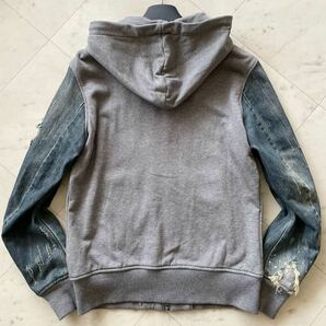 未使用級★ ディーゼル DIESEL デニム 切替 ジップアップ パーカー ジャケット Gジャン フード M位 ダメージ加工 ロゴプレート インディゴの画像3