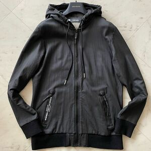 美品/L相当★ ディーゼル DIESEL 樹脂コーティングスウェット レザー調 ジップ パーカー ジャケット フード ブルゾン 止水ジップ ブラック