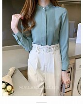 ブラウス シャツ レディース ハイネックblouse フォーマル 立ち襟 トップス 長袖 女性用 通勤 春 秋 グリーン L_画像4