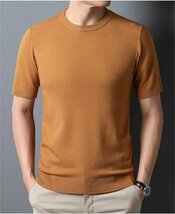 サマーセーター ニットTシャツ 半袖ニット メンズ サマーニット トップス カットソー カジュアル イエロー 2XL_画像1