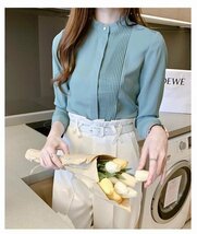 ブラウス シャツ レディース ハイネックblouse フォーマル 立ち襟 トップス 長袖 女性用 通勤 春 秋 グリーン L_画像5