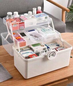  medicine box first-aid kit high capacity 3 layer storage case storage box folding type emergency box space saving first-aid kit handle carrying disaster prevention goods white 