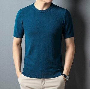 サマーセーター ニットTシャツ 半袖ニット メンズ サマーニット トップス カットソー カジュアル青色 3XL