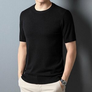 サマーセーター ニットTシャツ 半袖ニット メンズ サマーニット トップス カットソー カジュアル 黒 3XL
