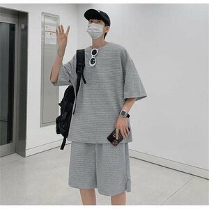 夏 涼しい 半袖 Tシャツ ショートパンツ パジャマ トップス セットアップ メンズ 上下セット グレー XL