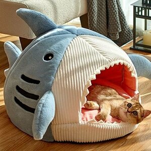 猫 犬 ベッド　サメ型ペットベッド ふわふわ　暖か もこもこ　キャット ペットハウス 滑り止め　クッション 柔らかい　秋冬 ブルー Mサイズ