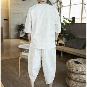 夏 半袖 薄手 サルエルパンツ メンズ ワイド ルームウェア 綿麻上下セット セットアップ セール ホワイト Mの画像2