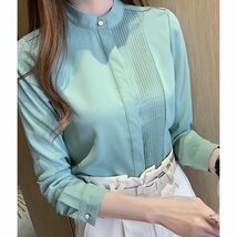 ブラウス シャツ レディース ハイネックblouse フォーマル 立ち襟 トップス 長袖 女性用 通勤 春 秋 グリーン L_画像1