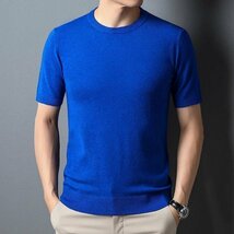 サマーセーター ニットTシャツ 半袖ニット メンズ サマーニット トップス カットソー カジュアル ダークブルー 2XL_画像1