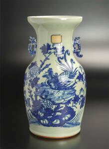 清 豆青釉青花鳳紋瓶 中国 古美術