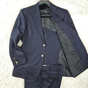 美品!アクアスキュータム/Aquascutum【シルクウール×ホップサック×ロゴ貝釦】セットアップスーツ ネイビー 紺ブレザー M-L 春夏秋 背抜き