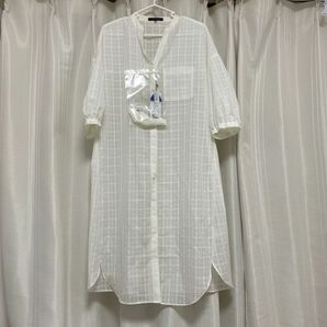 新品　トランスワーク　抗菌消臭【ウォッシャブル】シアーチェックロングブラウス シャツ ワンピース チュニック シャツチュニック 白