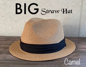 帽子 大きいサイズ ストロー 中折れ ハット 3段帯 BIGサイズ ストローハット 折り畳み サイズ調整 春 夏 ブレード キャメル