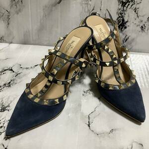 美品 VALENTINO GARAVANI 36.5 ヴァレンティノ スタッズ パンプス ヒール ストラップ ウェッジソール ポインテッドトゥ ネイビー レザー