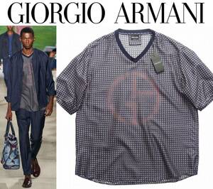 春夏物166,000円新品GIORGIO ARMANIアルマーニ★コレクションピース洒落たオーバーサイズGA柄シルク紺Tシャツ【欧米M＝日本L～XL】