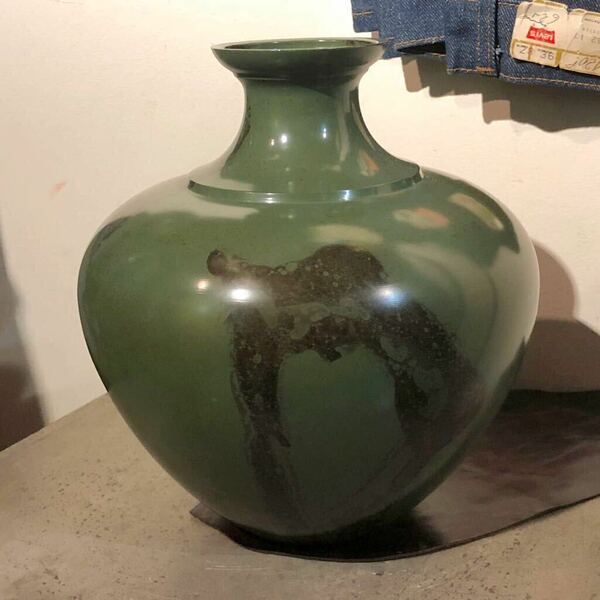 【即決/送料無料】 銅製花器 銅器花瓶 グリーン 美品 中古 インテリア Copper Flower Vase Made in Japan