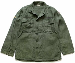 ★60s 米軍 U.S.ARMY パッチ付き コットンサテン ユーティリティシャツ オリーブグリーン M★ビンテージ ミリタリー ワッペン