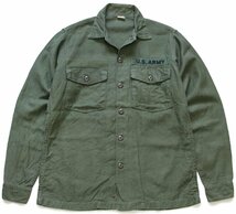 ★70s 米軍 U.S.ARMY パッチ付き コットンサテン ユーティリティシャツ オリーブグリーン 15.5★Q ビンテージ ミリタリー ワッペン_画像1